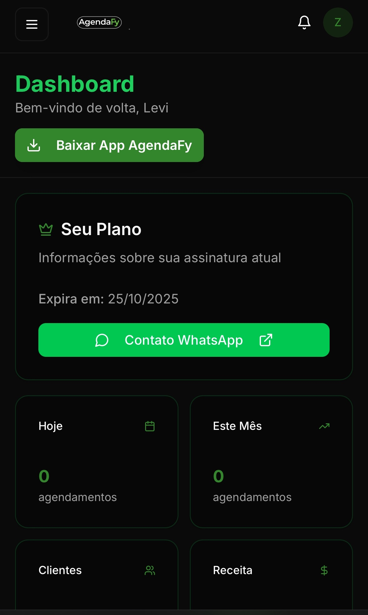 Dashboard Principal do AgendaFy