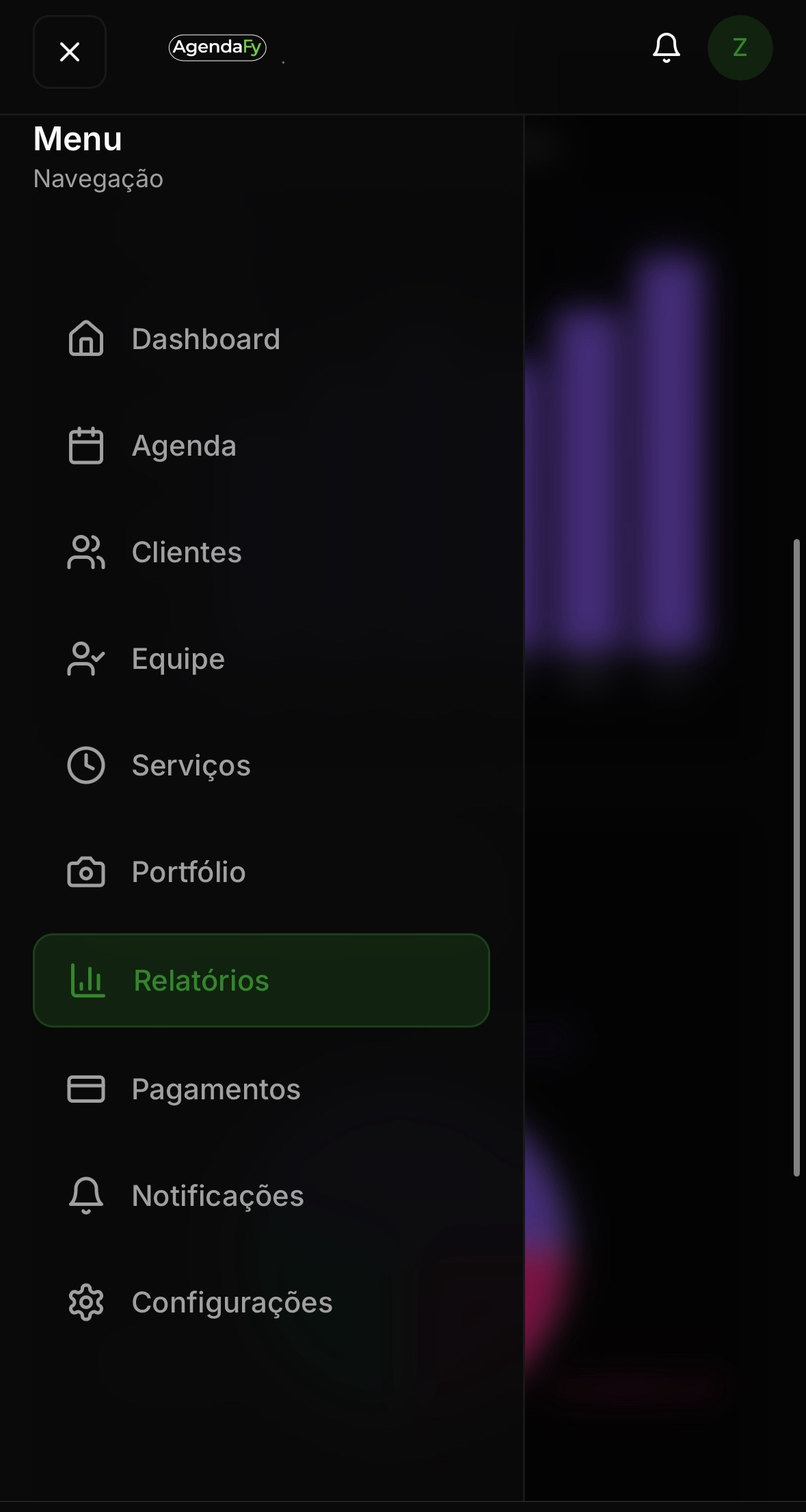Menu de Navegação do AgendaFy